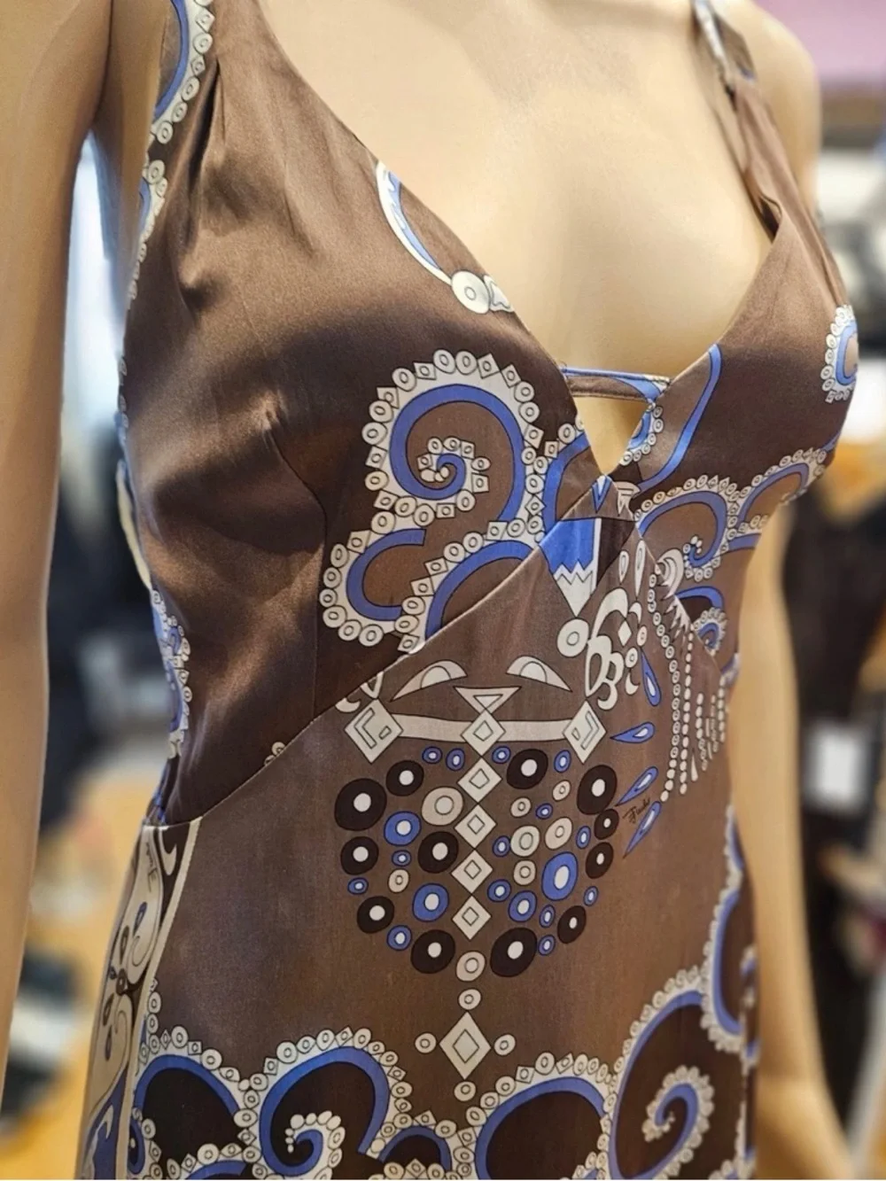 Emilio Pucci Brown Satin Printed Slip with Blue Paisley Motif Rare Beauty - Picture 5 of 7